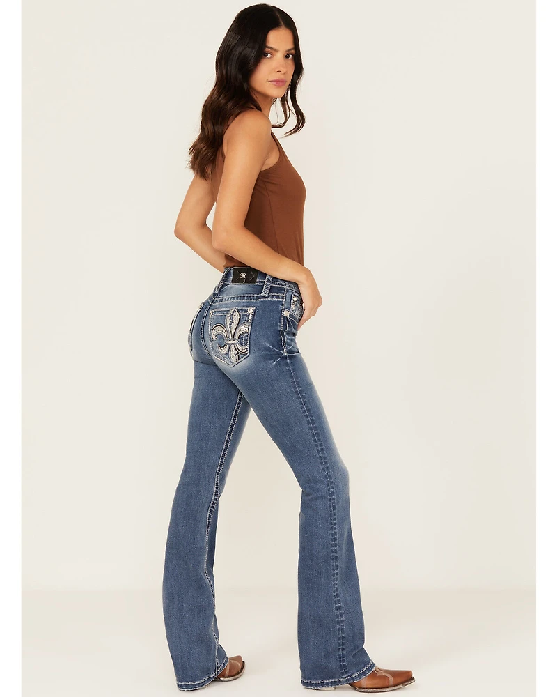 Miss Me Women's Medium Wash Mid Rise Fleur de Lis Pocket 32" Bootcut Stretch Denim Jeans