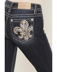 Miss Me Women's Medium Wash Mid Rise Fleur De Lis 32" Bootcut Stretch Denim Jeans