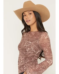 Ash & Violet Women's Floral Print Long Sleeve Mesh Shirt