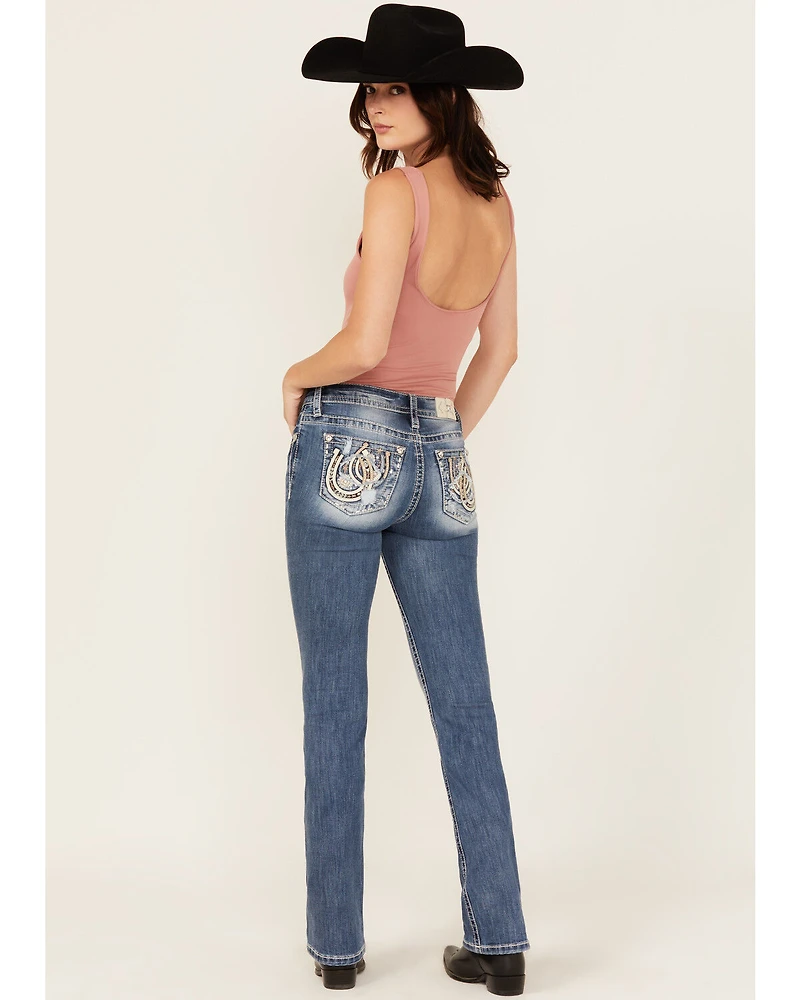 Miss Me Women's Medium Wash Mid Rise Horseshoe Pocket 34" Bootcut Stretch Denim Jeans