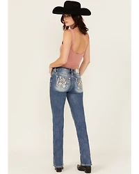 Miss Me Women's Medium Wash Mid Rise Horseshoe Pocket 34" Bootcut Stretch Denim Jeans