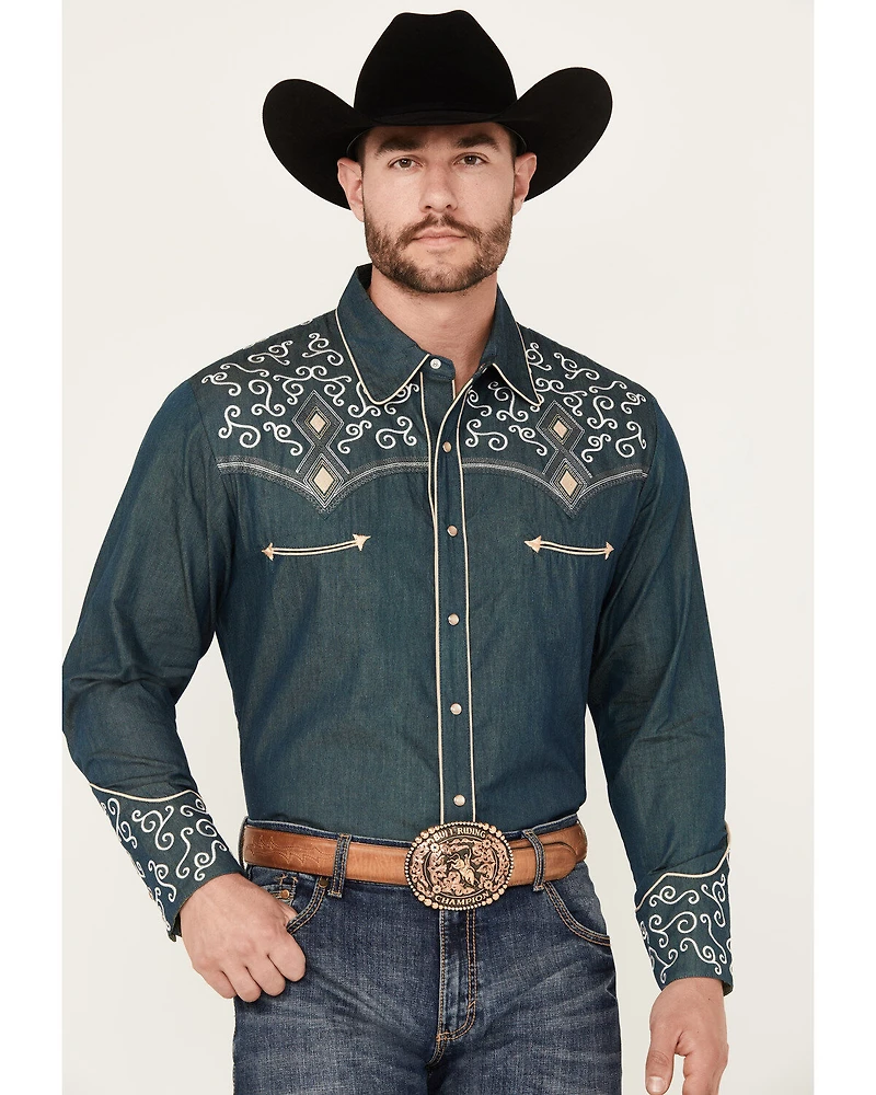 Scully Men's Denim Scroll Embroidered Long Sleeve Pearl Snap Western Shirt