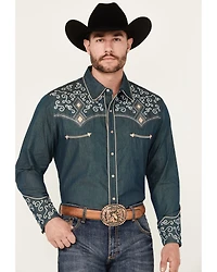 Scully Men's Denim Scroll Embroidered Long Sleeve Pearl Snap Western Shirt