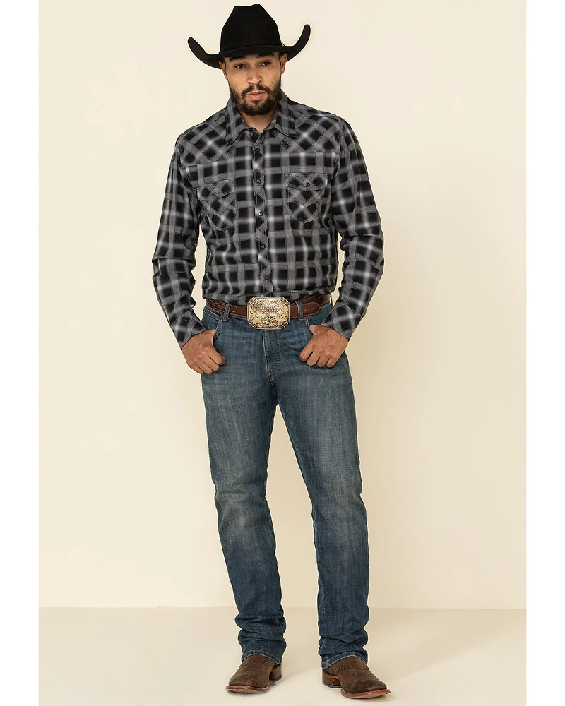 Rock & Roll Denim Men's Black Med Plaid Long Sleeve Western Shirt
