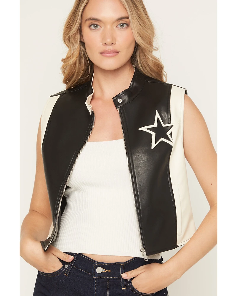 Stoosh Women's Star Faux Leather Zip-Up Vest