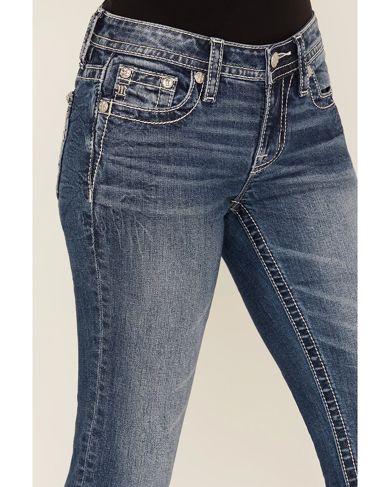 Miss Me Women's Medium Wash Mid Rise Geo Pocket 32" Bootcut Stretch Denim Jeans