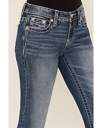 Miss Me Women's Medium Wash Mid Rise Geo Pocket 32" Bootcut Stretch Denim Jeans