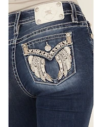 Miss Me Women's Dark Wash Mid Rise Winged Pocket 32" Bootcut Stretch Denim Jeans