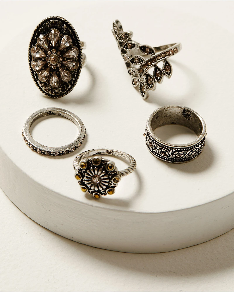 Shyanne Women's Champagne Chateau 5-Piece Silver Ring Set