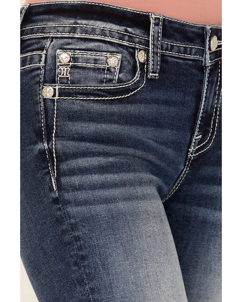 Miss Me Women's Dark Wash Mid Rise Cross Pocket 34" Bootcut Stretch Denim Jeans