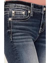 Miss Me Women's Dark Wash Mid Rise Cross Pocket 34" Bootcut Stretch Denim Jeans