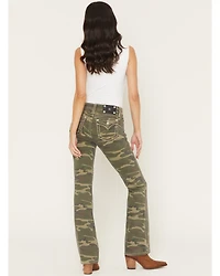Miss Me Women's Camo Print Mid Rise Flap Pocket 32" Bootcut Stretch Denim Jeans
