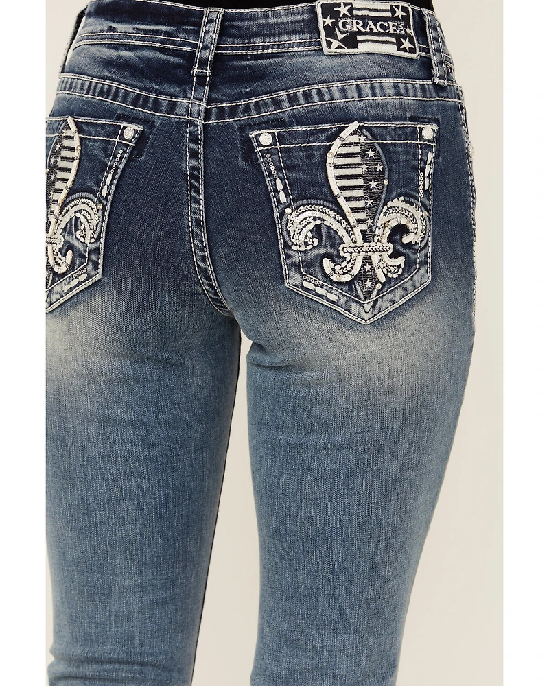 Grace LA Women's Medium Wash Americana Fleur De Lis Mid Rise Bootcut Stretch Denim Jeans