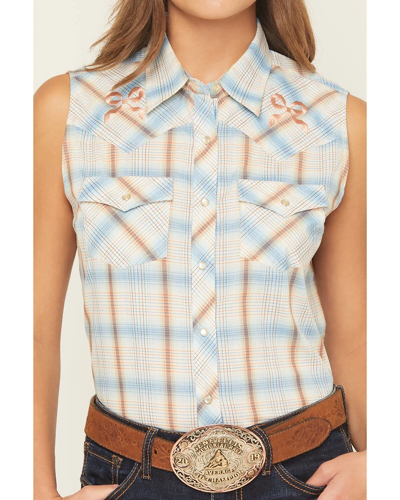 Ely Walker Women's Bow Embroidered Plaid Print Sleeveless Pearl Snap Western Shirt