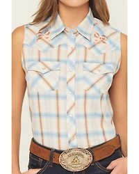Ely Walker Women's Bow Embroidered Plaid Print Sleeveless Pearl Snap Western Shirt