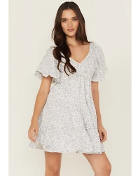 Yura Women's Floral Print Short Sleeve Tiered Mini Dress