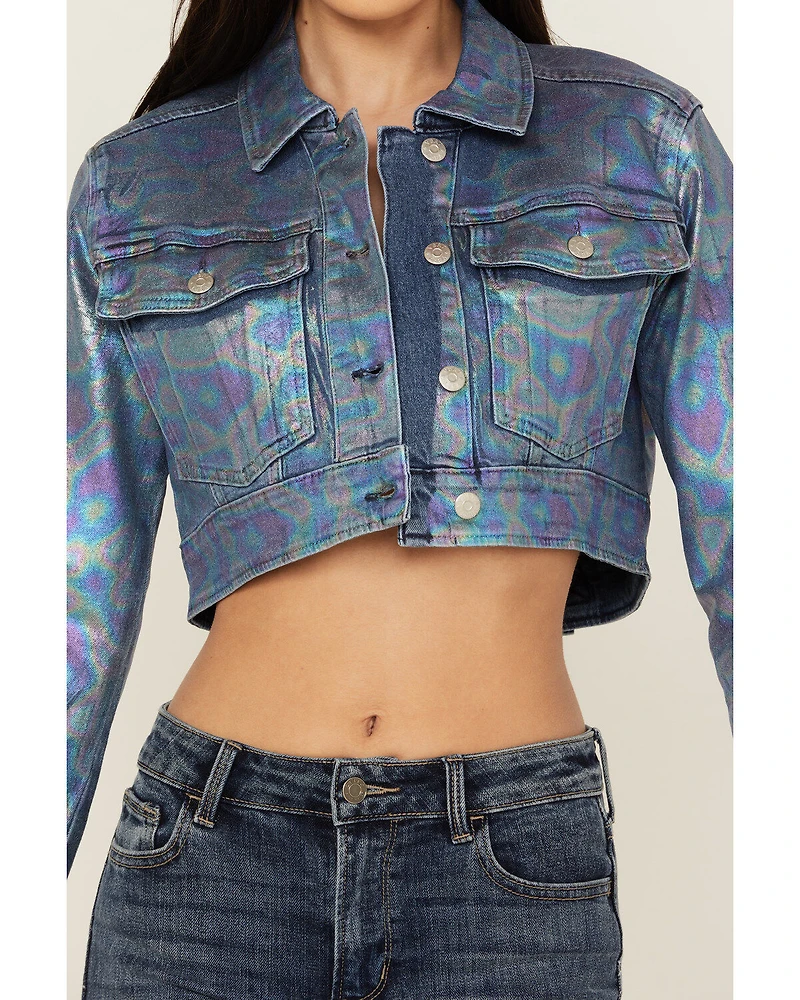 Vibrant Denim Women's Holographic Cropped Jacket