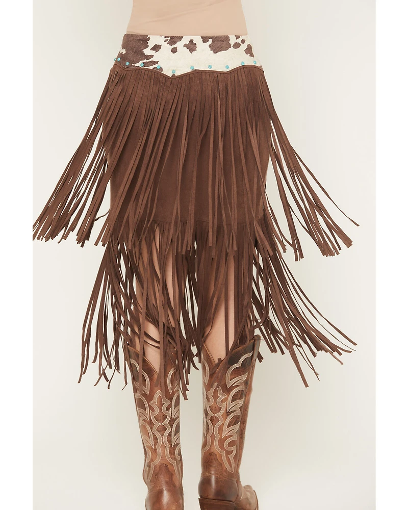 Shyanne Women's Raven Cow Print Faux Suede Fringe Mini Skirt
