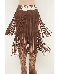 Shyanne Women's Raven Cow Print Faux Suede Fringe Mini Skirt