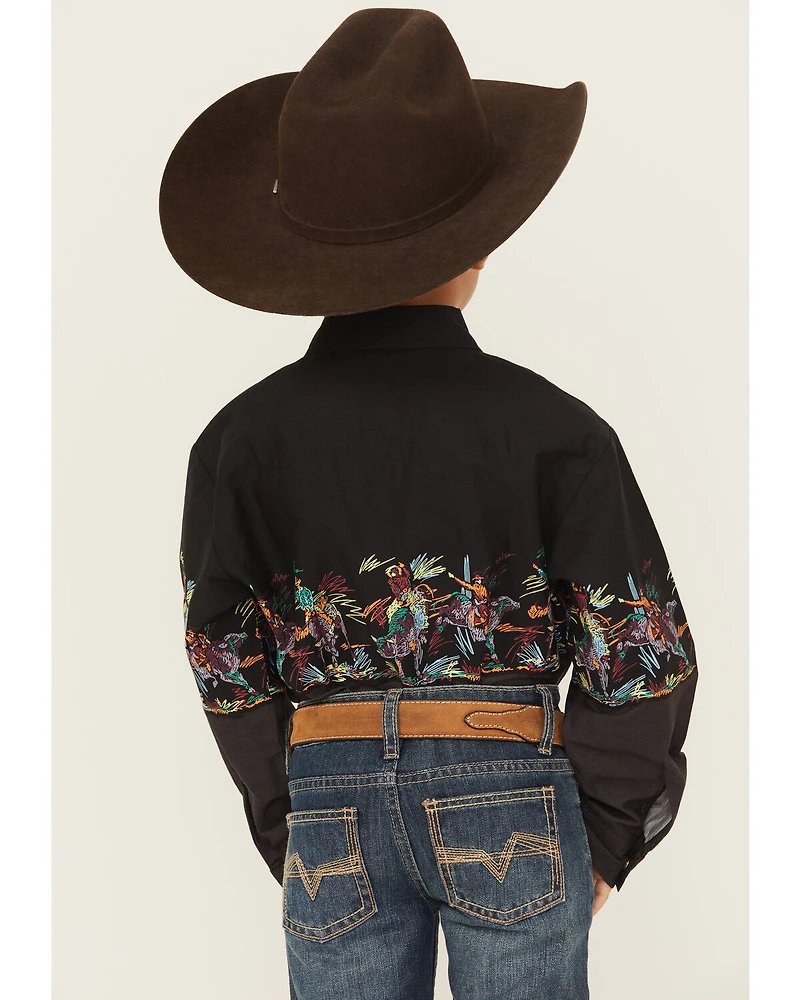 Roper Boys' Striped Border Print Long Sleeve Snap Western Shirt