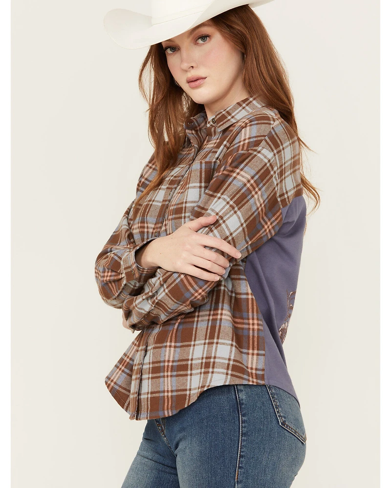 Cleo + Wolf Women's Mixed Media Plaid Print Button-Down Graphic Flannel Shirt