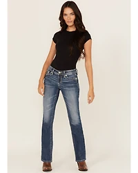 Miss Me Women's Medium Wash Mid Rise Geo Pocket 32" Bootcut Stretch Denim Jeans