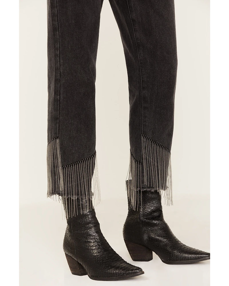 Rock & Roll Denim Women's Dark Wash High Rise Fringe Cropped Straight Jeans