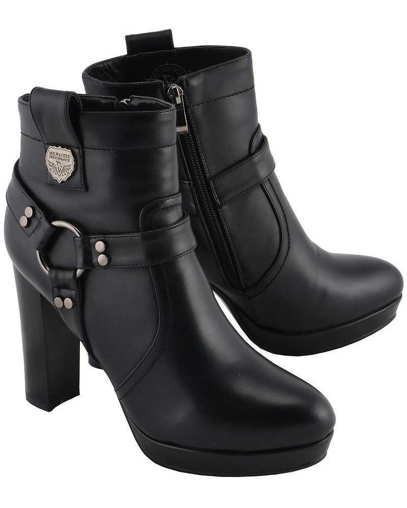 Milwaukee Leather Women's Block Heel Harness Booties - Round Toe