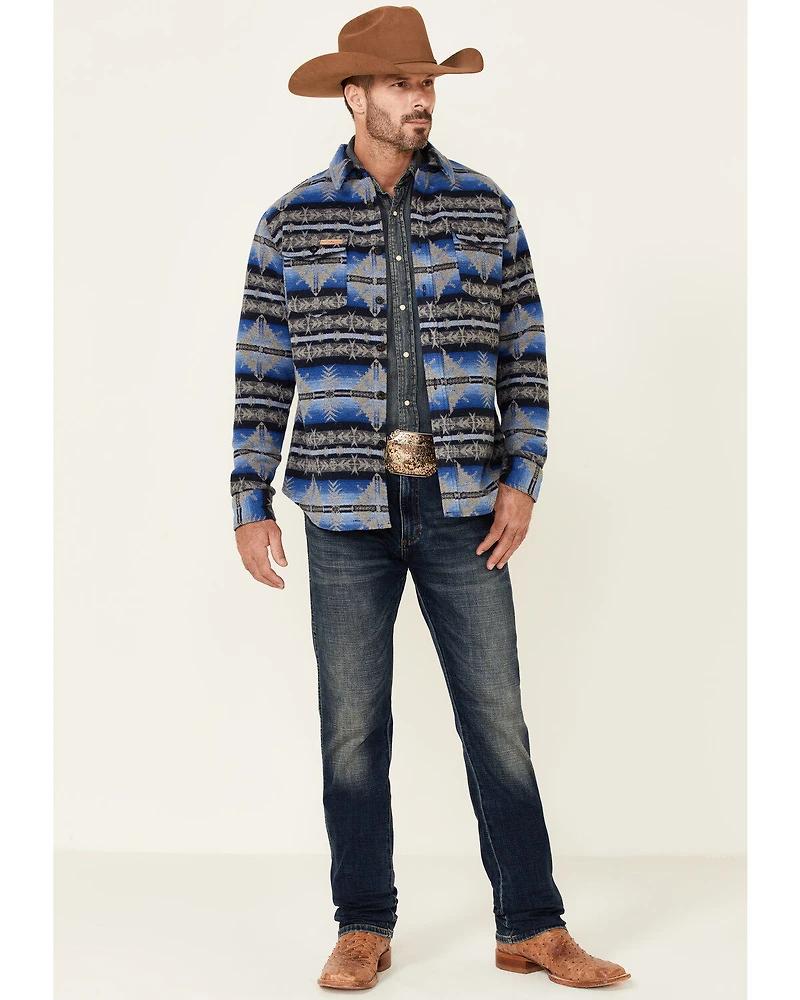 Powder River Outfitters Men's Blue Southwestern Print Button-Front Wool Shirt Jacket