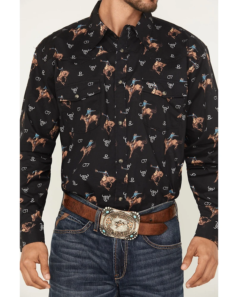 Cowboy Hardware Men's Vintage Bronco Print Long Sleeve Snap Stretch Western Shirt