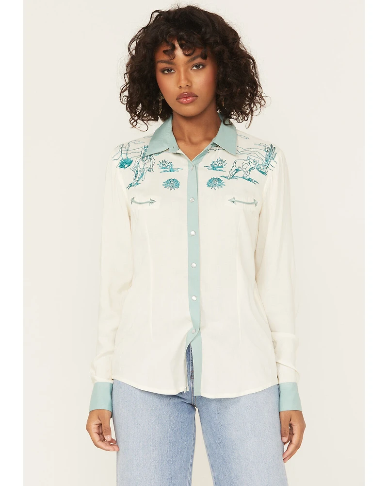 Panhandle Women's Retro Roping Cowgirl Embroidered Long Sleeve Pearl Snap Western Shirt