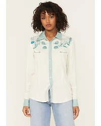 Panhandle Women's Retro Roping Cowgirl Embroidered Long Sleeve Pearl Snap Western Shirt