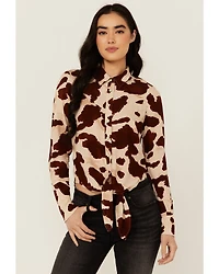 Idyllwind Women's Jeny Cow Print Long Sleeve Snap Tie-Front Western Shirt