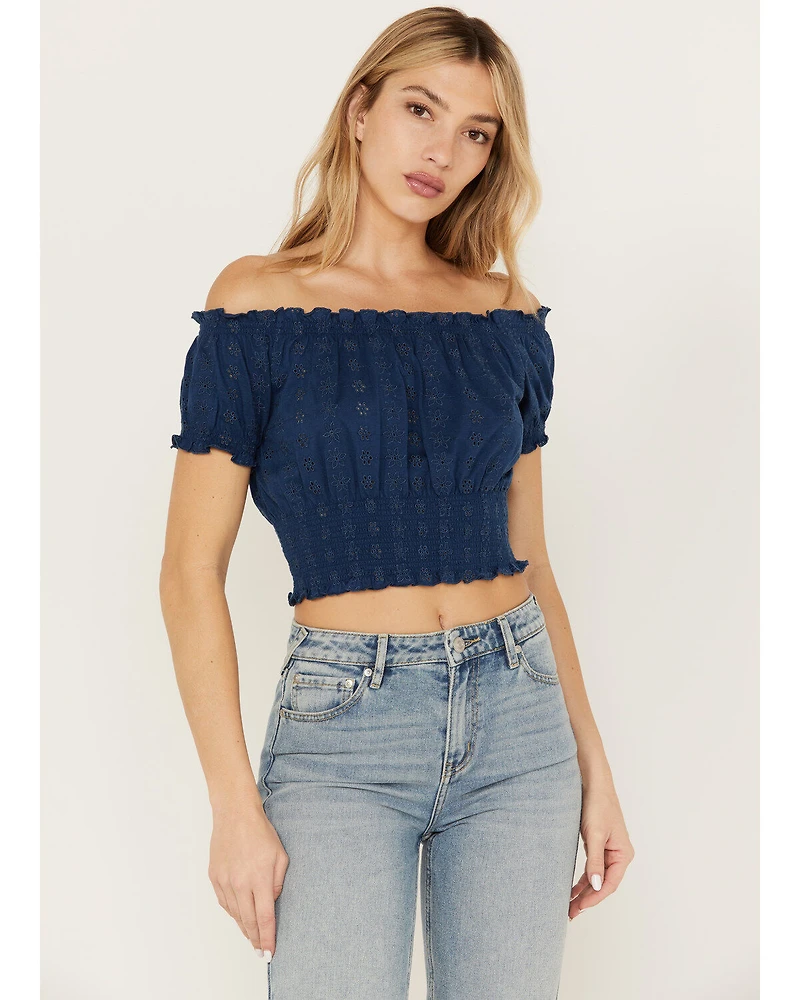 Cleo + Wolf Women's Knit Eyelet Smocked Crop Top