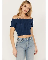 Cleo + Wolf Women's Knit Eyelet Smocked Crop Top