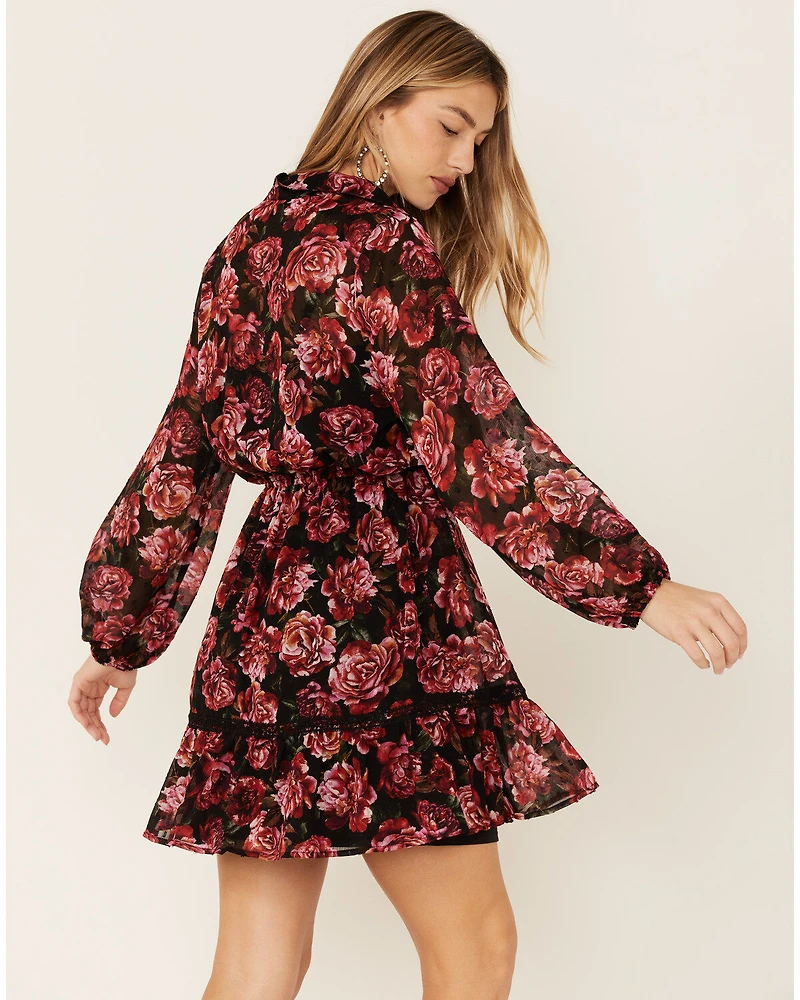 Lovestitch Women's Magenta Floral Lace Trim Mini Dress