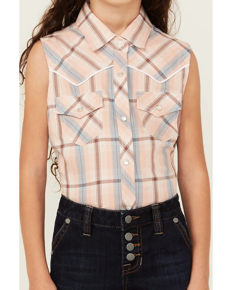 Cumberland Outfitters Girls' Plaid Print Sleeveless Pearl Snap Western Shirt