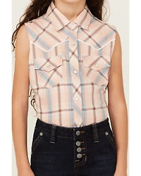 Cumberland Outfitters Girls' Plaid Print Sleeveless Pearl Snap Western Shirt