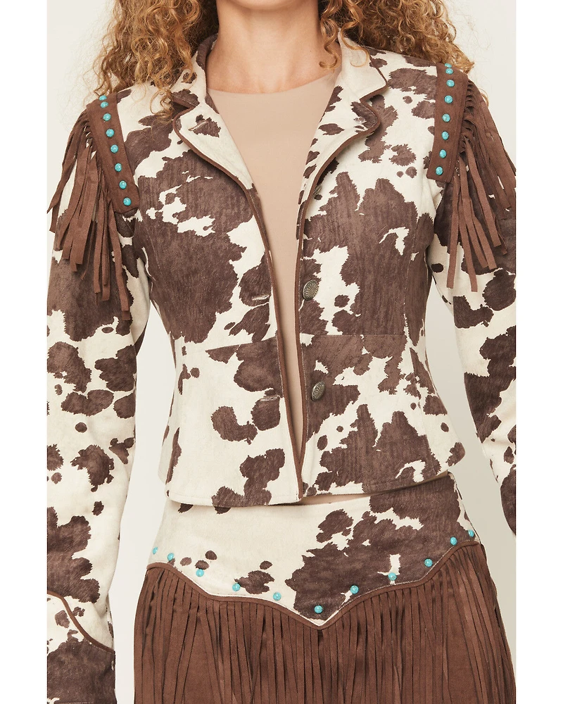 Shyanne Women's Porter Cow Print Faux Suede Embellished Fringe Moto Jacket