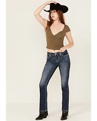 Miss Me Women's Dark Wash Snowflake Embroidered Slim 32" Bootcut Stretch Denim Jeans