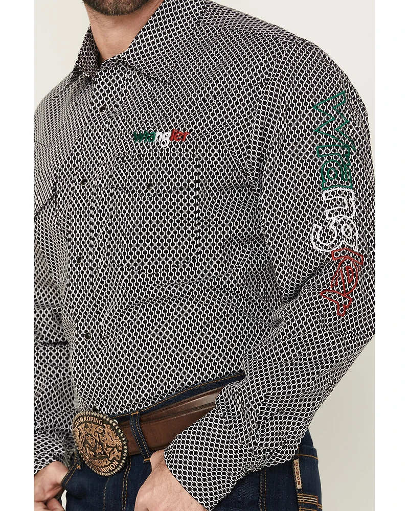 Wrangler Men's Mexico Logo Embroidered Geo Print Long Sleeve Snap Western Shirt
