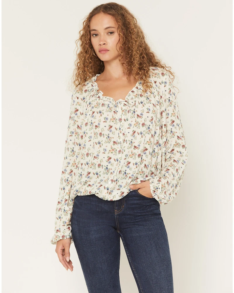 Wild Moss Women's Floral Print Long Sleeve Elastic Hem Peasant Top