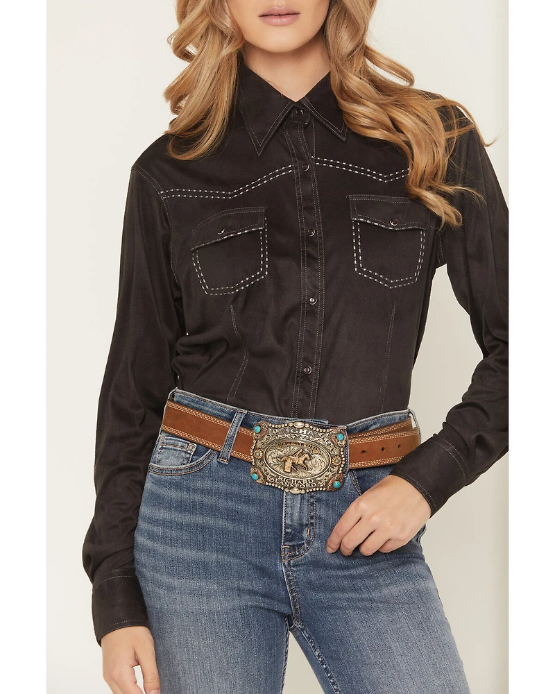 Cowgirl Hardware Girls' Faux Suede Long Sleeve Pearl Snap Stretch Western Shirt