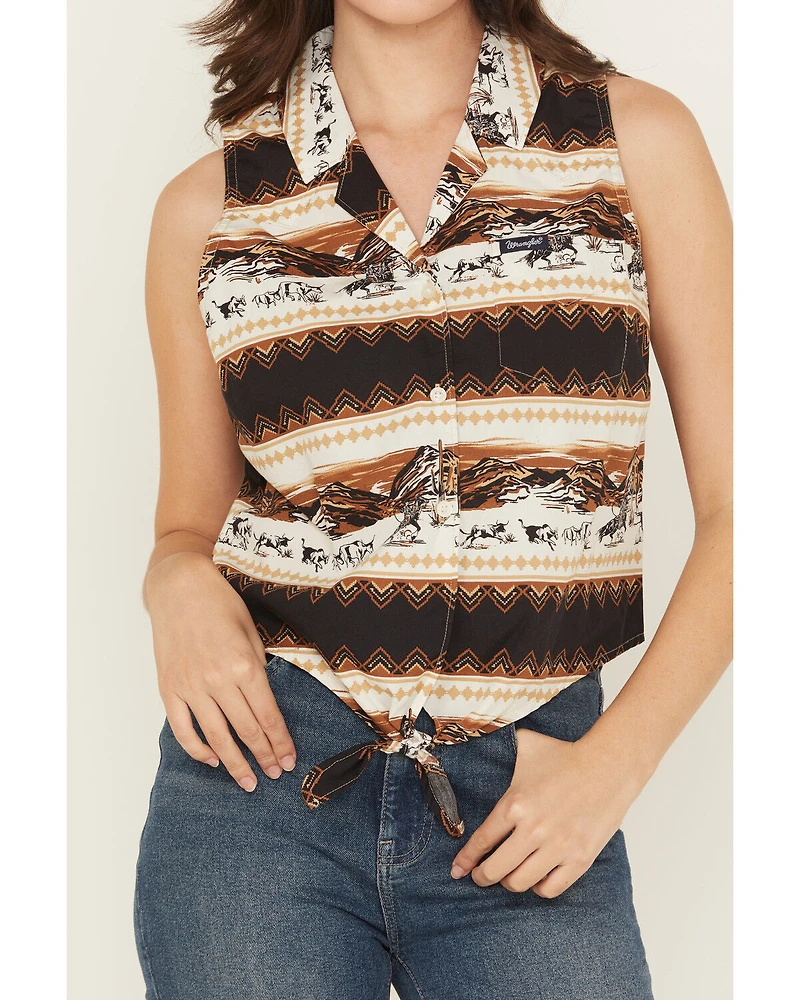 Wrangler Retro Women's Southwestern Print Sleeveless Button-Down Tie-Front Western Shirt