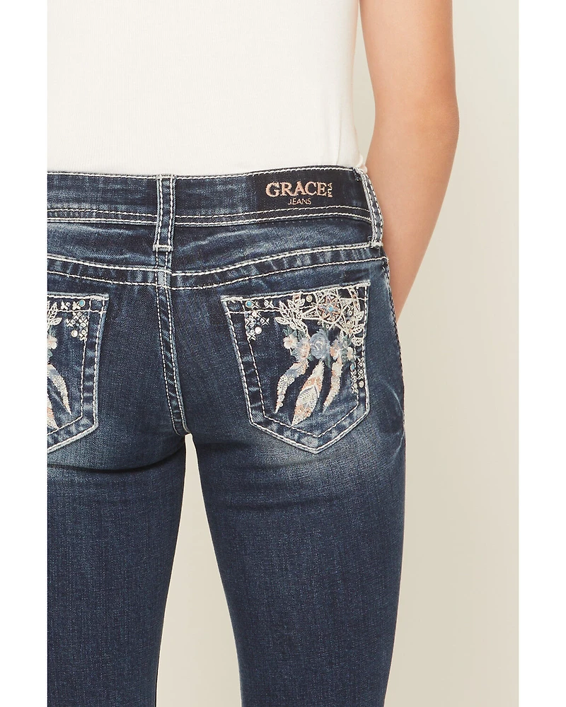 Grace LA Girls' Dark Wash Dreamcatcher Pocket Bootcut Stretch Denim Jeans