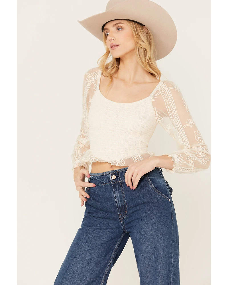 Jolt Women's Lace Smocked Long Sleeve Top