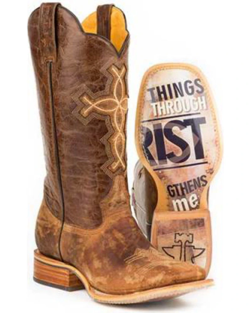 Tin Haul Men's Ichthys Philippians 4:13 Western Boots - Broad Square Toe
