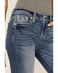 Miss Me Women's Dark Wash Mid Rise Paisley Pocket 34" Bootcut Stretch Denim Jeans