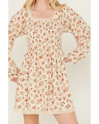 Wild Moss Women's Floral Print Smocked Long Sleeve Mini Dress