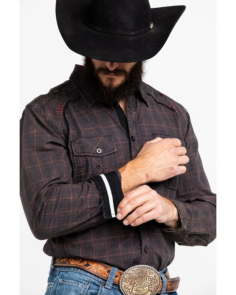 Austin Season Men's Embroidered Cross Plaid Print Button Long Sleeve Western Shirt